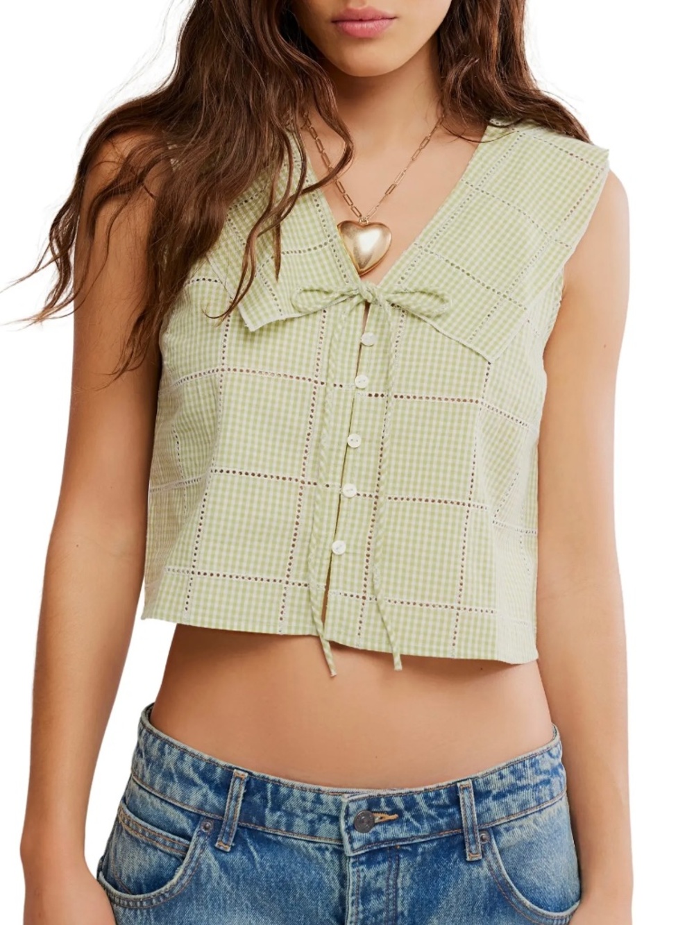 NWOT Free people Waiting For Me Crop Cotton Button-Up Top in green gingham Sz M